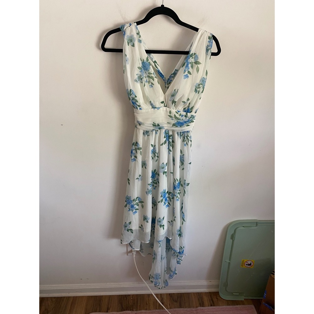 Disney Princess Cinderella Blue Floral High-Low Chiffon Dress Women Medium White